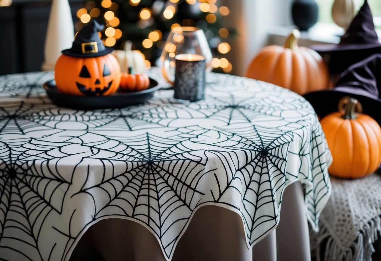 A table set with cobweb-patterned tablecloths, surrounded by cozy Halloween-themed decor items