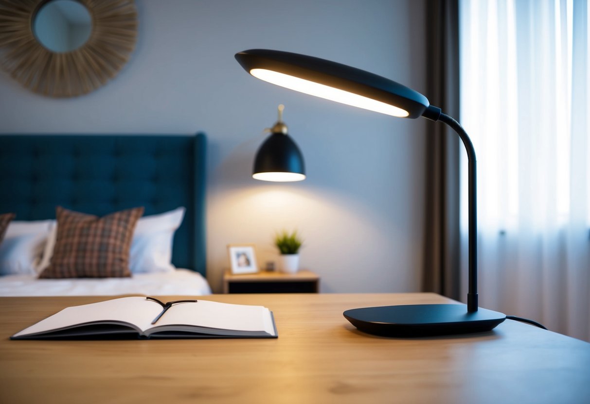 A sleek, modern desk lamp illuminates a stylish guest bedroom with 20 beautiful design ideas