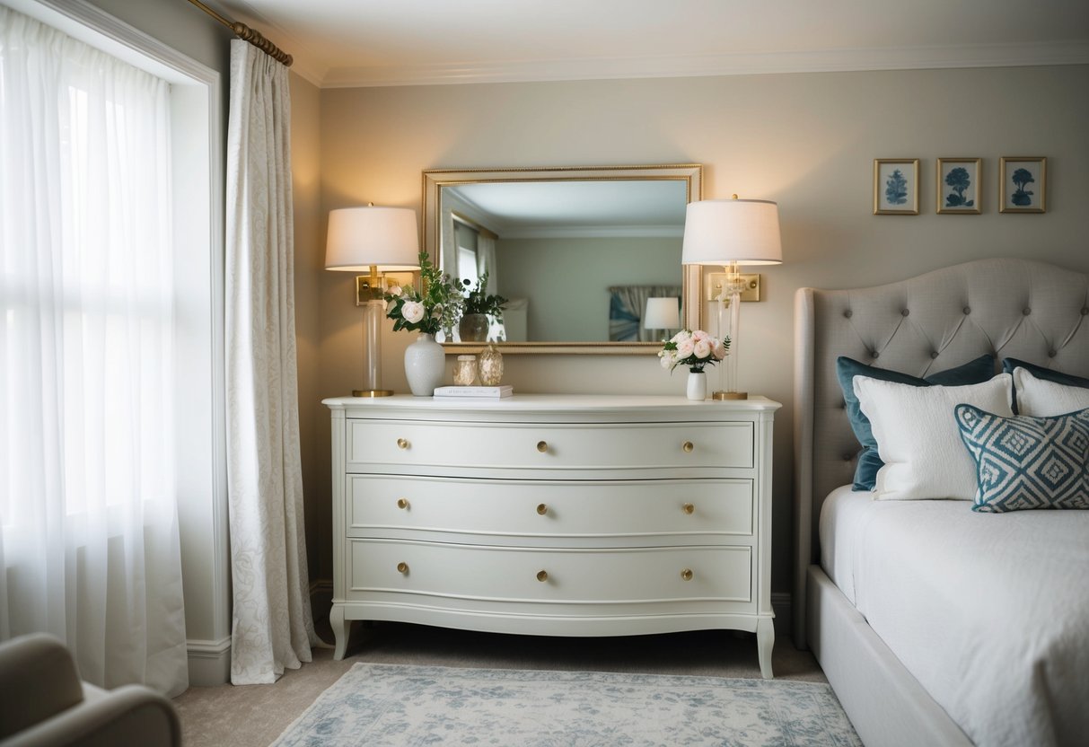 A chic dresser sits against a wall in a cozy guest bedroom, adorned with elegant decor and soft lighting. The room exudes a sense of luxury and comfort, with carefully chosen furnishings and stylish accents