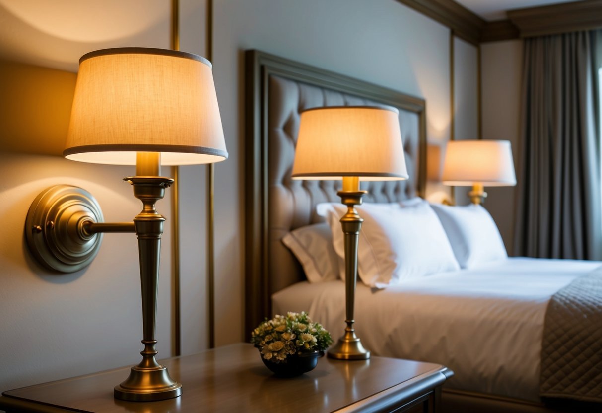 Two elegant bedside sconces casting a warm glow in a cozy guest bedroom, with a plush bed, soft linens, and tasteful decor