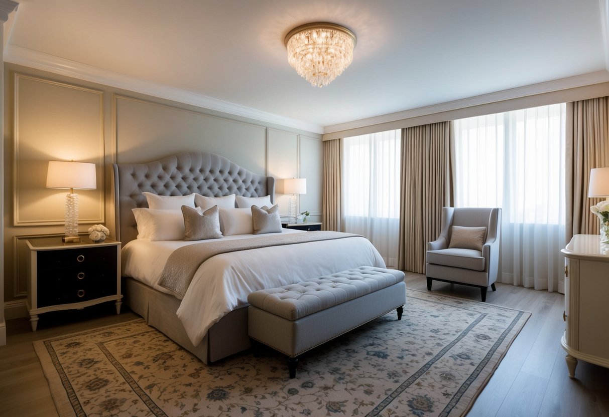 A plush king-size bed sits in the center of a spacious and elegantly decorated guest bedroom. The room exudes a sense of luxury and comfort with its soft color palette and tasteful decor