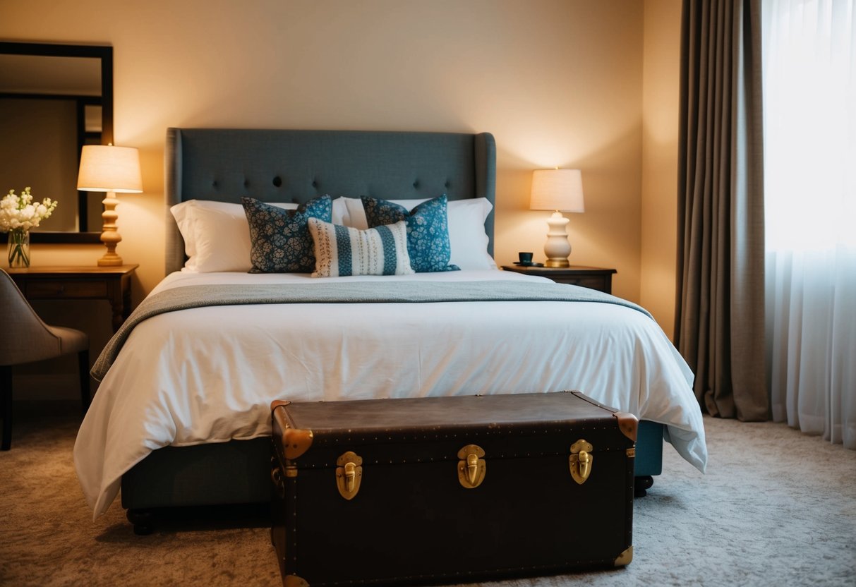 A cozy guest bedroom with a vintage trunk at the foot of the bed, soft lighting, and a warm color palette