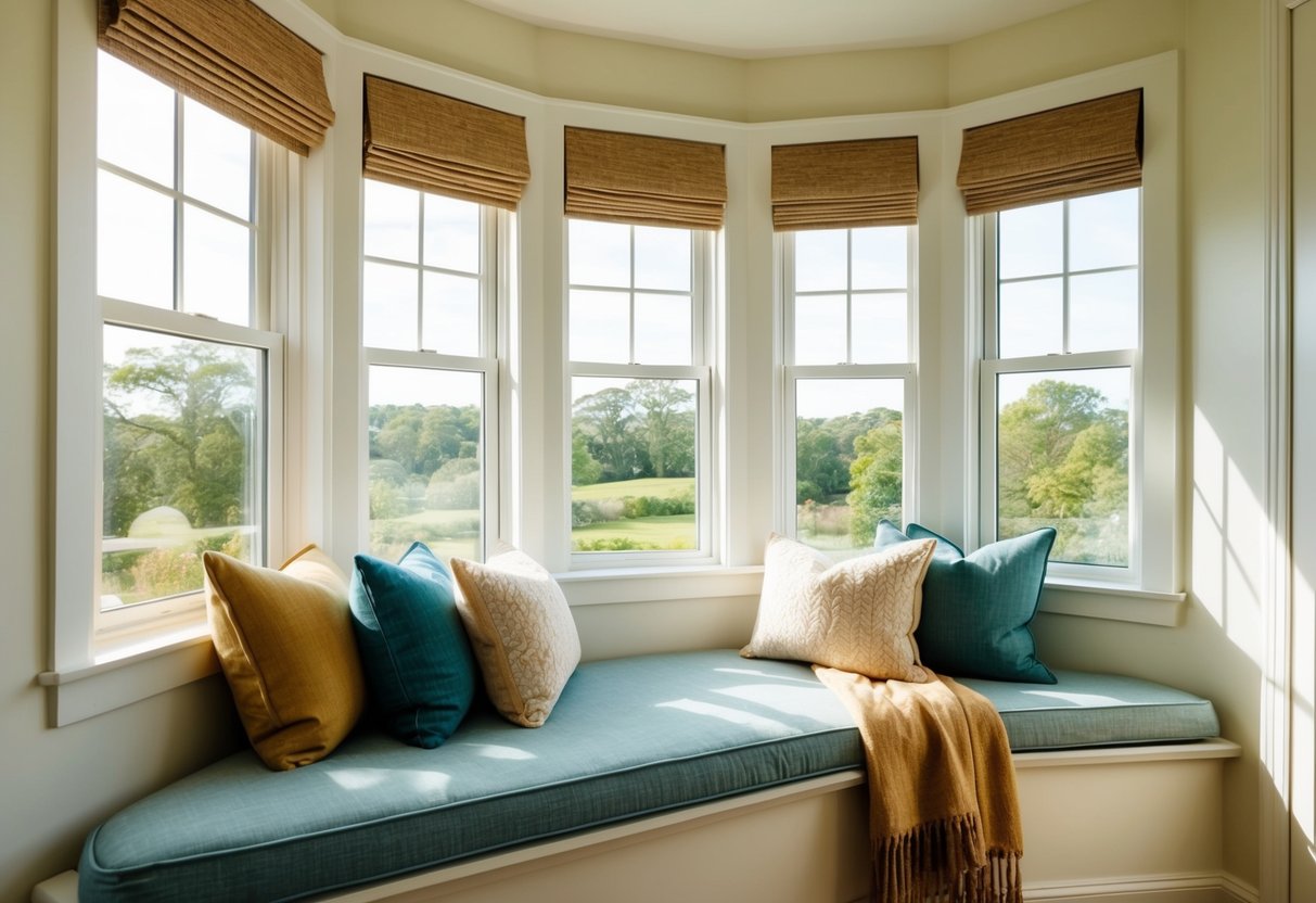 A cozy window seat in a bright, airy guest bedroom. Soft cushions, warm blankets, and a view of the outdoors create a welcoming and relaxing space