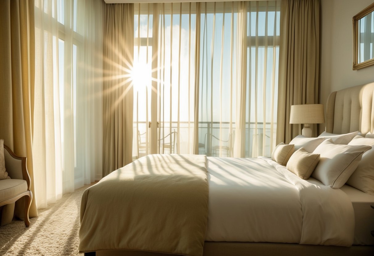 Sunlight filters through sheer curtains, casting a soft glow on a cozy guest bedroom. A plush bed with luxurious linens, elegant decor, and a serene ambiance create a welcoming retreat