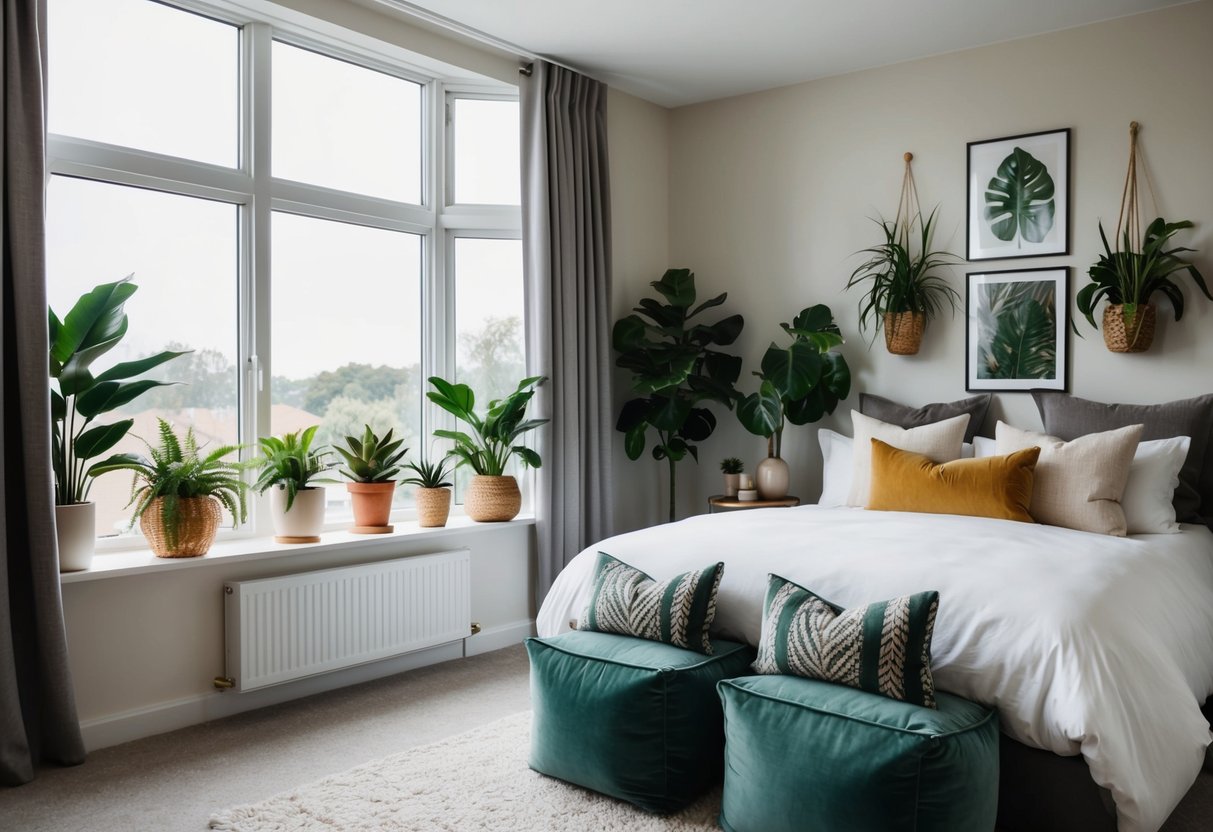 A cozy guest bedroom with a large window features 20 different indoor plant arrangements, adding a touch of nature and tranquility to the space