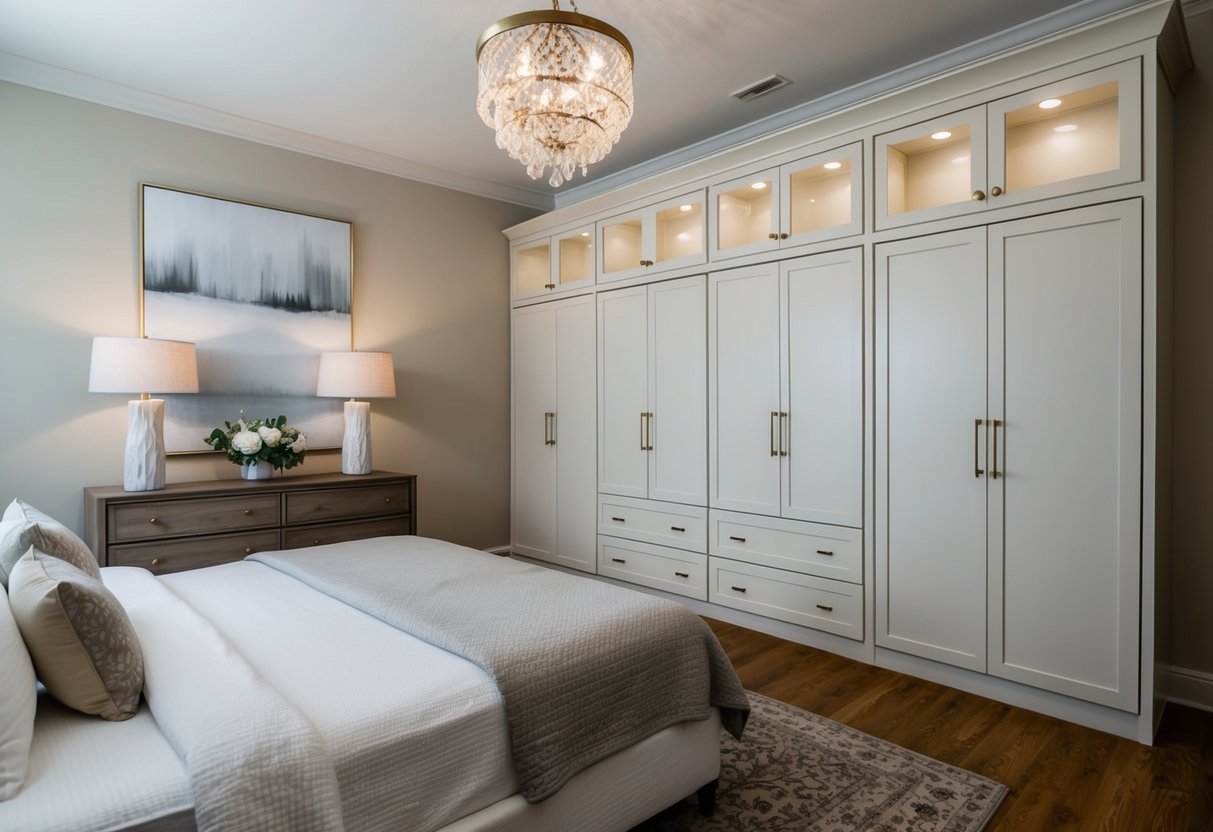 A spacious guest bedroom with a customizable wardrobe system. Soft, neutral colors and elegant decor create a welcoming atmosphere