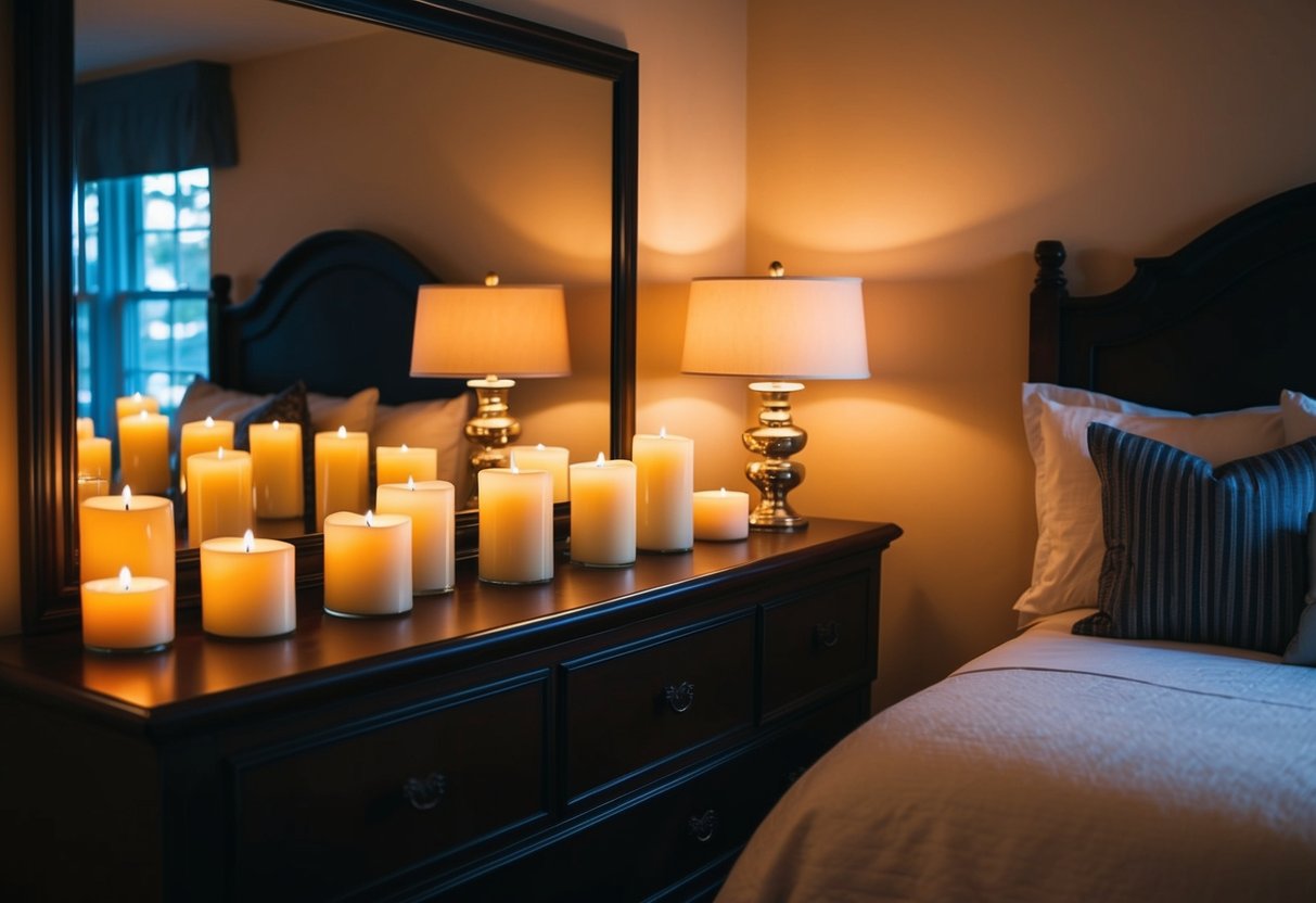 A cozy guest bedroom with 20 elegant candle holders arranged on a dresser or bedside table, casting a warm and inviting glow throughout the room