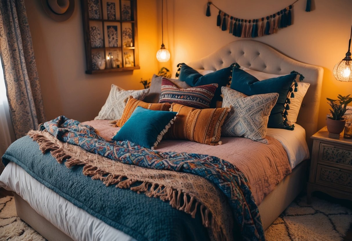 A cozy guest bedroom with bohemian throw pillows scattered across a plush bed, surrounded by warm lighting and eclectic decor