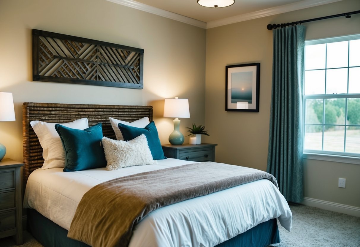 A cozy guest bedroom with luxurious bedding sets, soft pillows, and elegant decor. The room is bathed in warm, inviting light, creating a peaceful and welcoming atmosphere