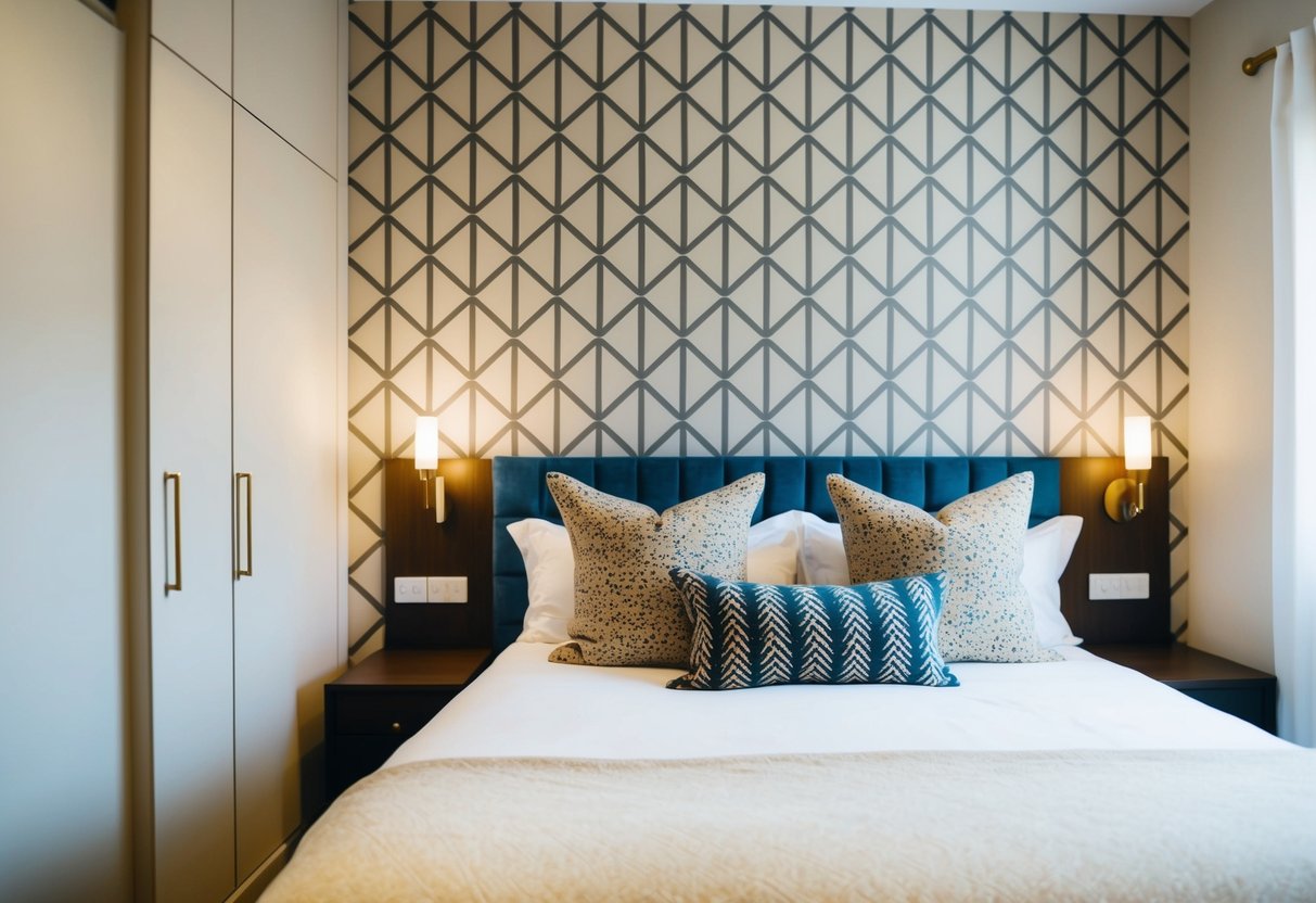 A cozy guest bedroom with geometric patterned wallpapers, soft lighting, and a comfortable bed with decorative pillows