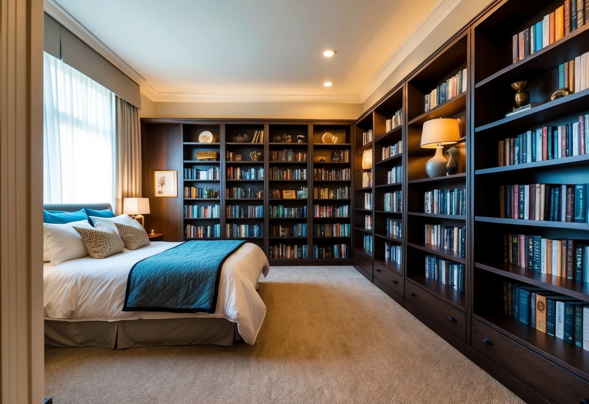 A cozy guest bedroom with designer bookshelves filled with books and decorative items. A comfortable bed with beautiful bedding and soft lighting creates a welcoming atmosphere