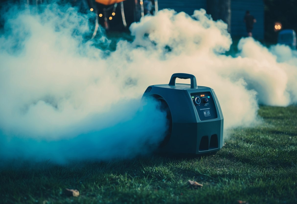 A fog machine emits eerie mist, enveloping spooky outdoor decorations