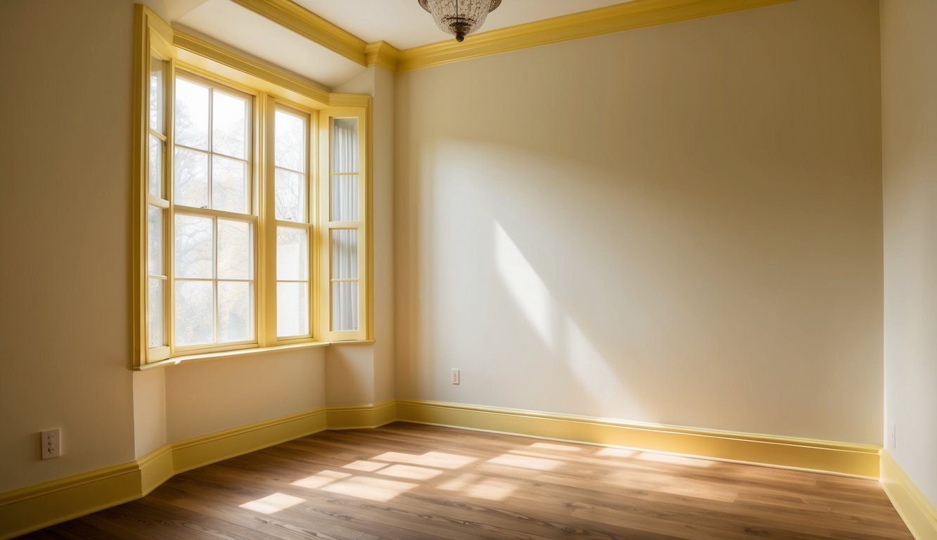 A room with Creamy Buttermilk walls, accented with Best Butter Yellow trim. Light spills in from a window, casting warm tones across the space