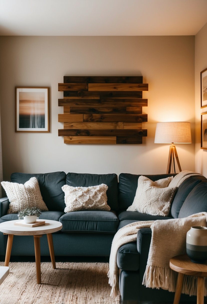 A cozy living room with wooden wall art, warm lighting, plush seating, and soft textiles creating a hygge atmosphere