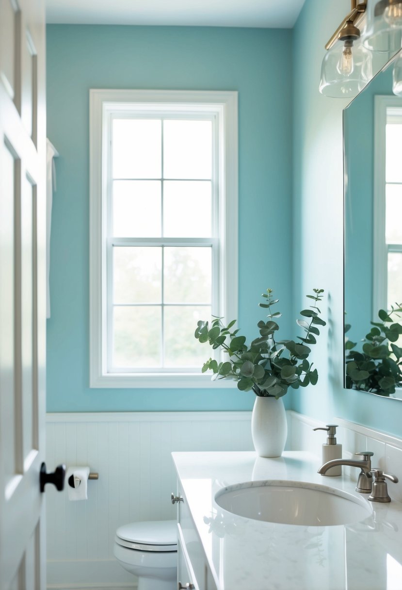 A serene bathroom with soft blue walls, white fixtures, and natural light streaming in through a window. A vase of eucalyptus sits on the counter, adding a touch of greenery