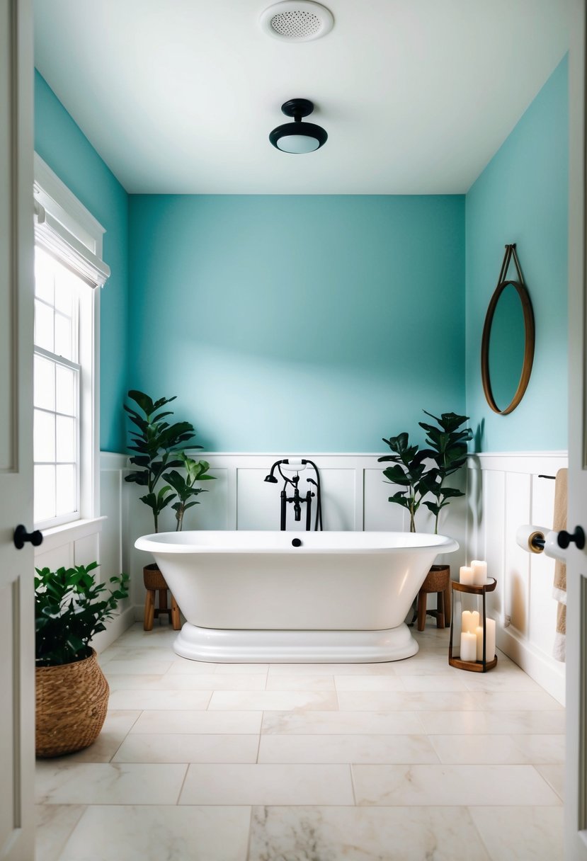 A serene bathroom with soft blue walls, white accents, and natural wood details. A large, freestanding bathtub sits in the center, surrounded by plants and candles