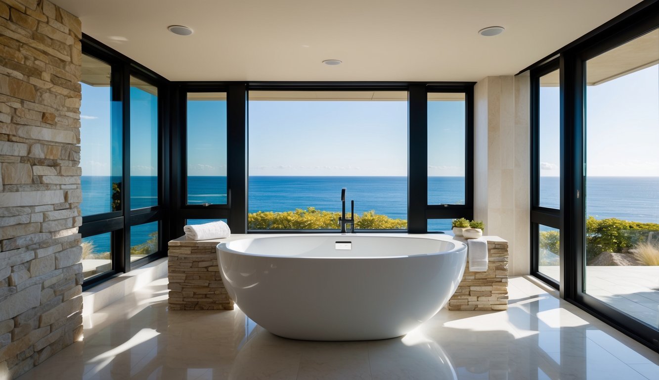 A spacious, modern bathroom with a sleek bathtub, large windows overlooking the ocean, and natural stone accents