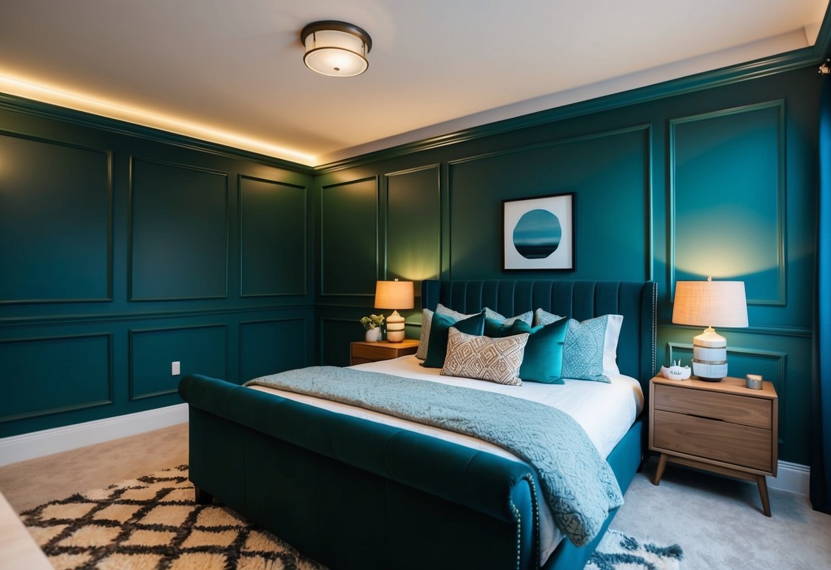 A cozy bedroom with dark teal paneling on one wall, accented with warm lighting and stylish decor