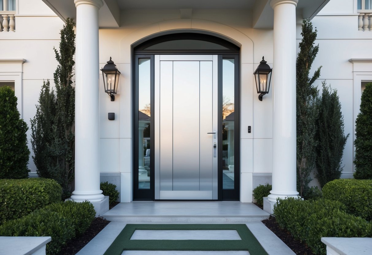 A sleek, modern aluminum door stands against a luxurious entryway, surrounded by elegant architectural details and landscaping