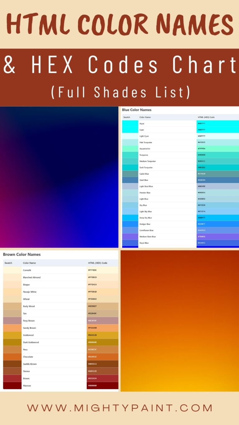 Color Names & HTML (HEX) Codes Chart (Full Shades List)