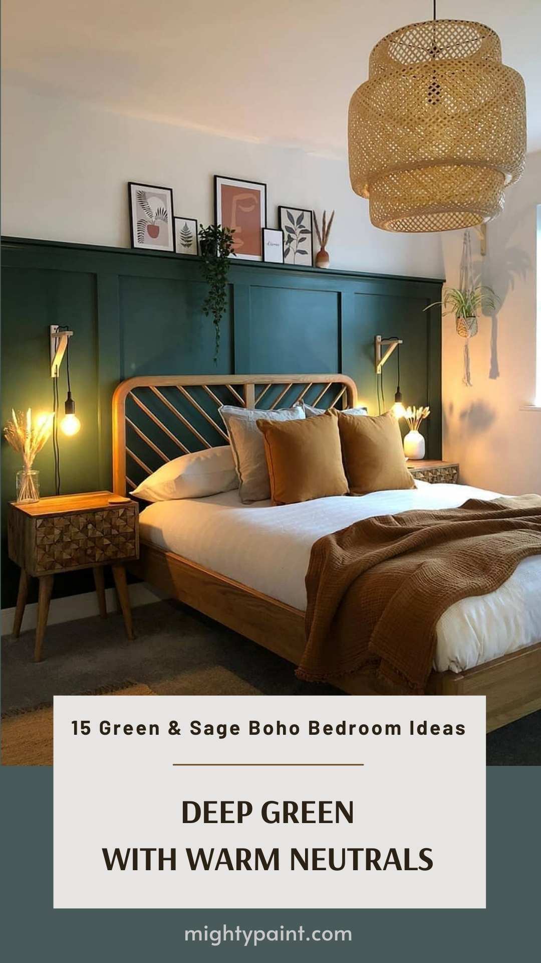 15 Green & Sage Boho Bedroom Ideas: Deep Green with Warm Neutrals