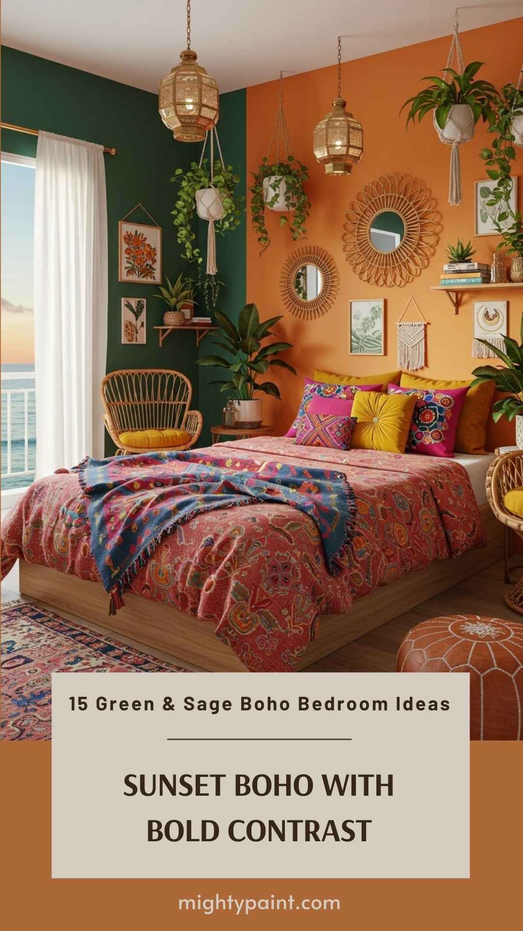 15 Green & Sage Boho Bedroom Ideas: Sunset Boho with Bold Contrast