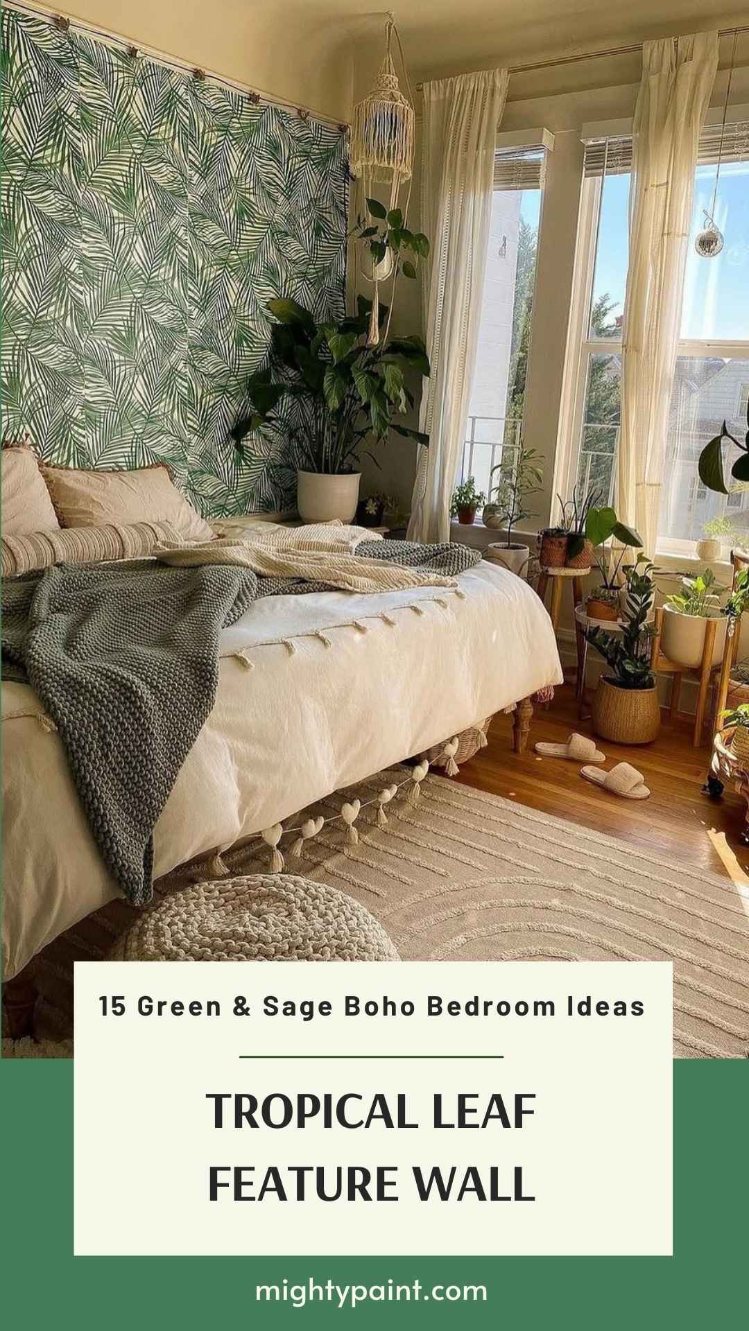 15 Green & Sage Boho Bedroom Ideas: Tropical Leaf Feature Wall